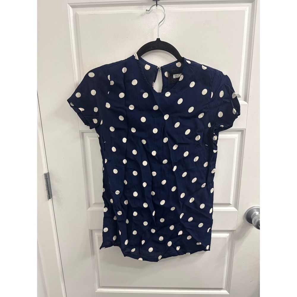 Reformation Navy Blue White Polka Dot Viscose Short Sleeve Keyhole Blouse Small